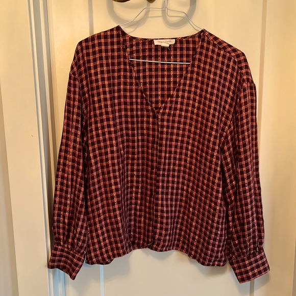 Cute Pink and Burgundy and Gold Plaid Top - Picture 1 of 7